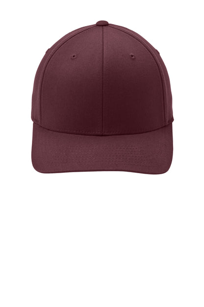 Front View of Maroon Port Authority Flexfit Cotton Twill Cap. C813 plain