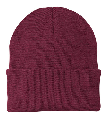 Front View of Maroon Port Authority Knit Cap. CP90 plain