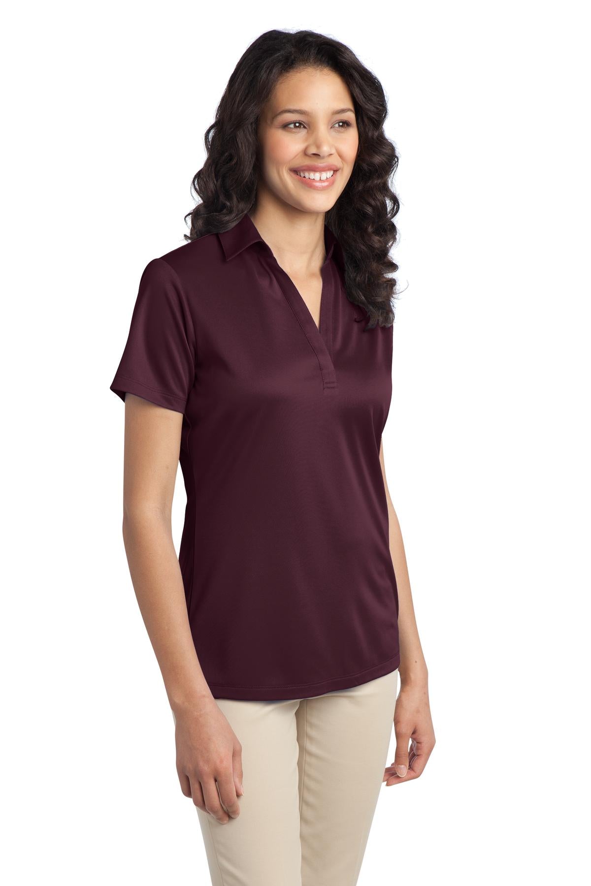 Front View of Maroon Port Authority Women's Silk Touch Performance Polo. L540 plain