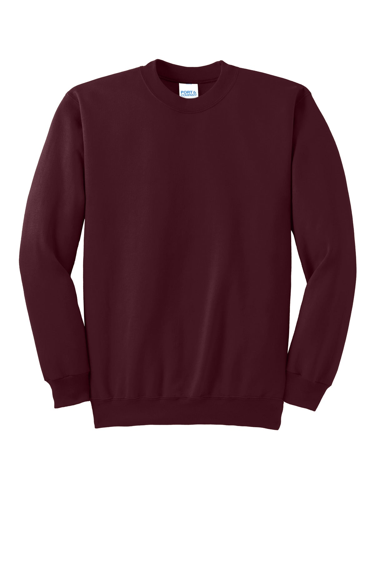 Front View of Maroon Port & Co Essential Fleece Crewneck Sweatshirt. PC90 plain