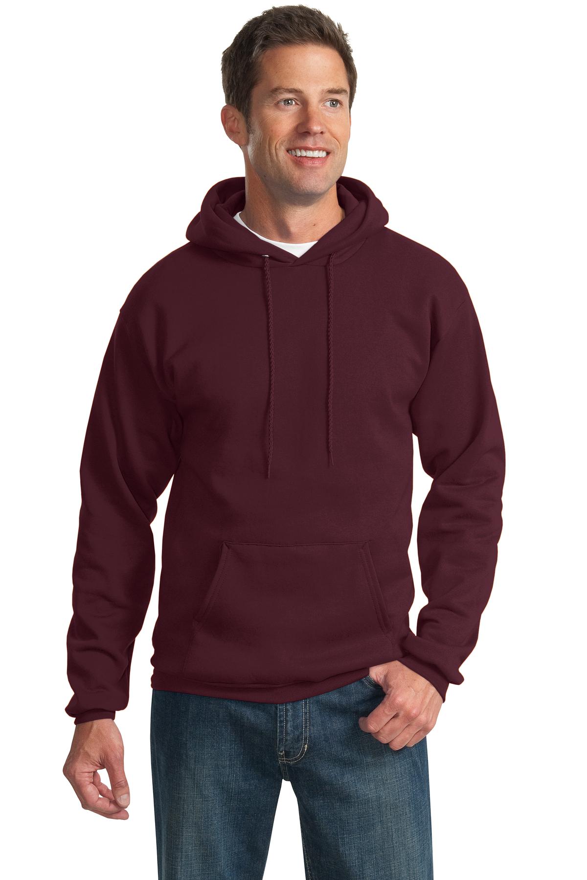 Front View of Maroon Port & Co Tall Essential Fleece Pullover Hooded Sweatshirt. PC90HT plain