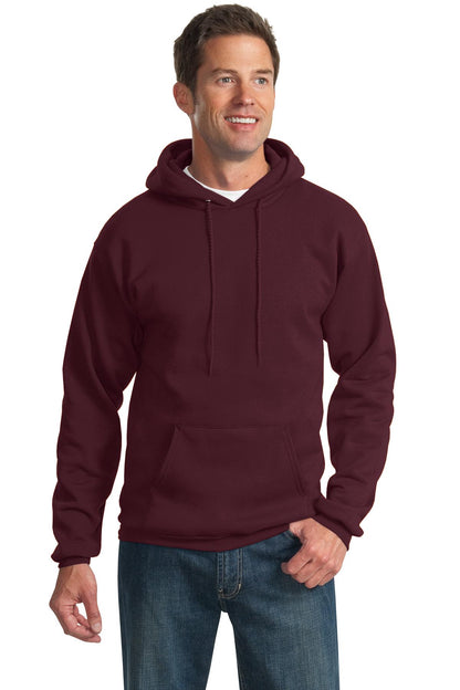 Front View of Maroon Port & Co Tall Essential Fleece Pullover Hooded Sweatshirt. PC90HT plain
