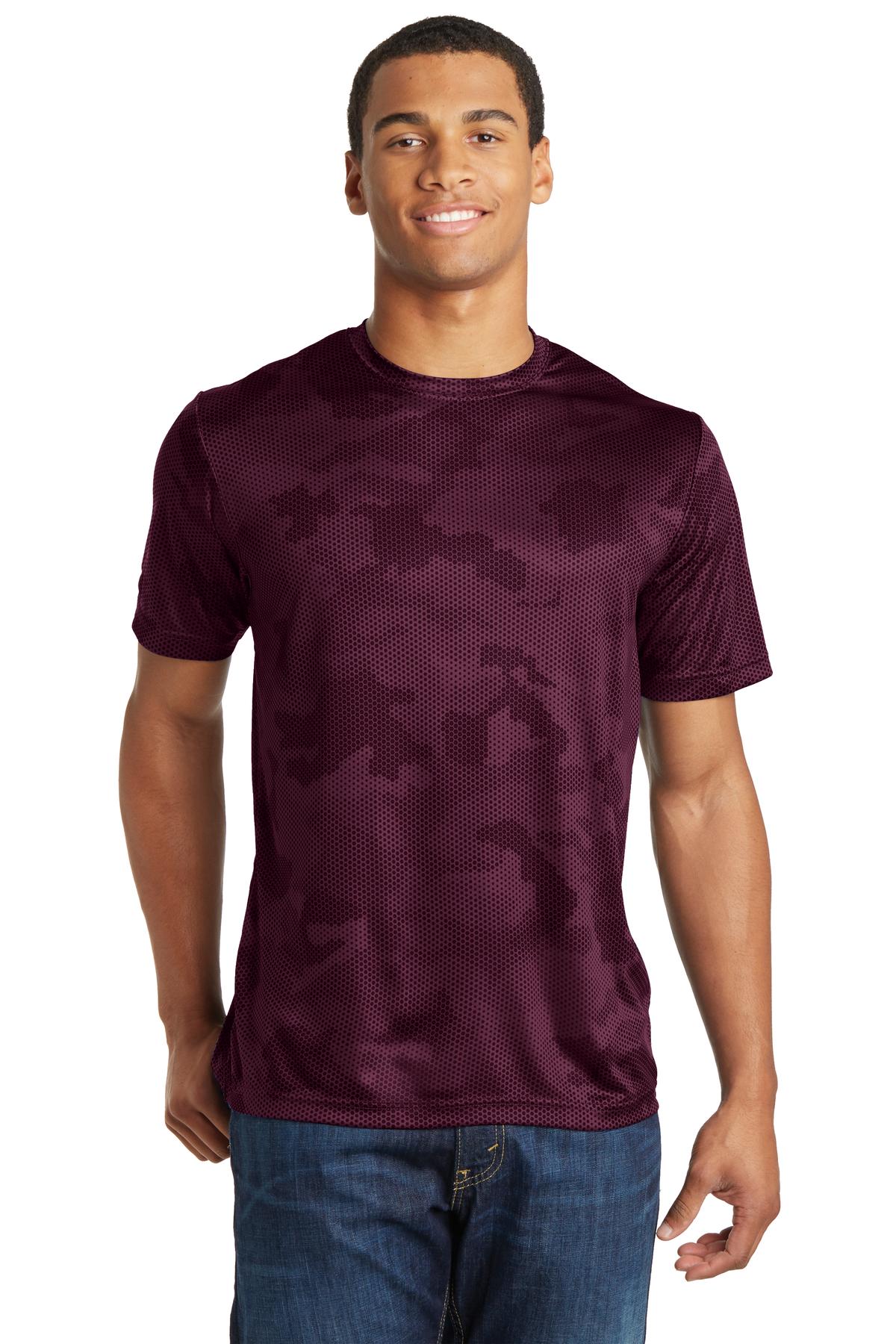 Front View of Maroon Sport-Tek CamoHex Tee. ST370 plain