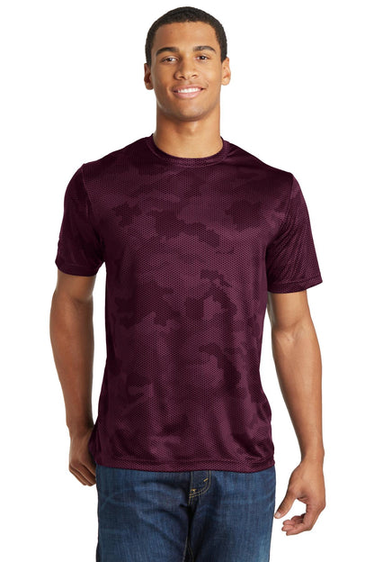 Front View of Maroon Sport-Tek CamoHex Tee. ST370 plain