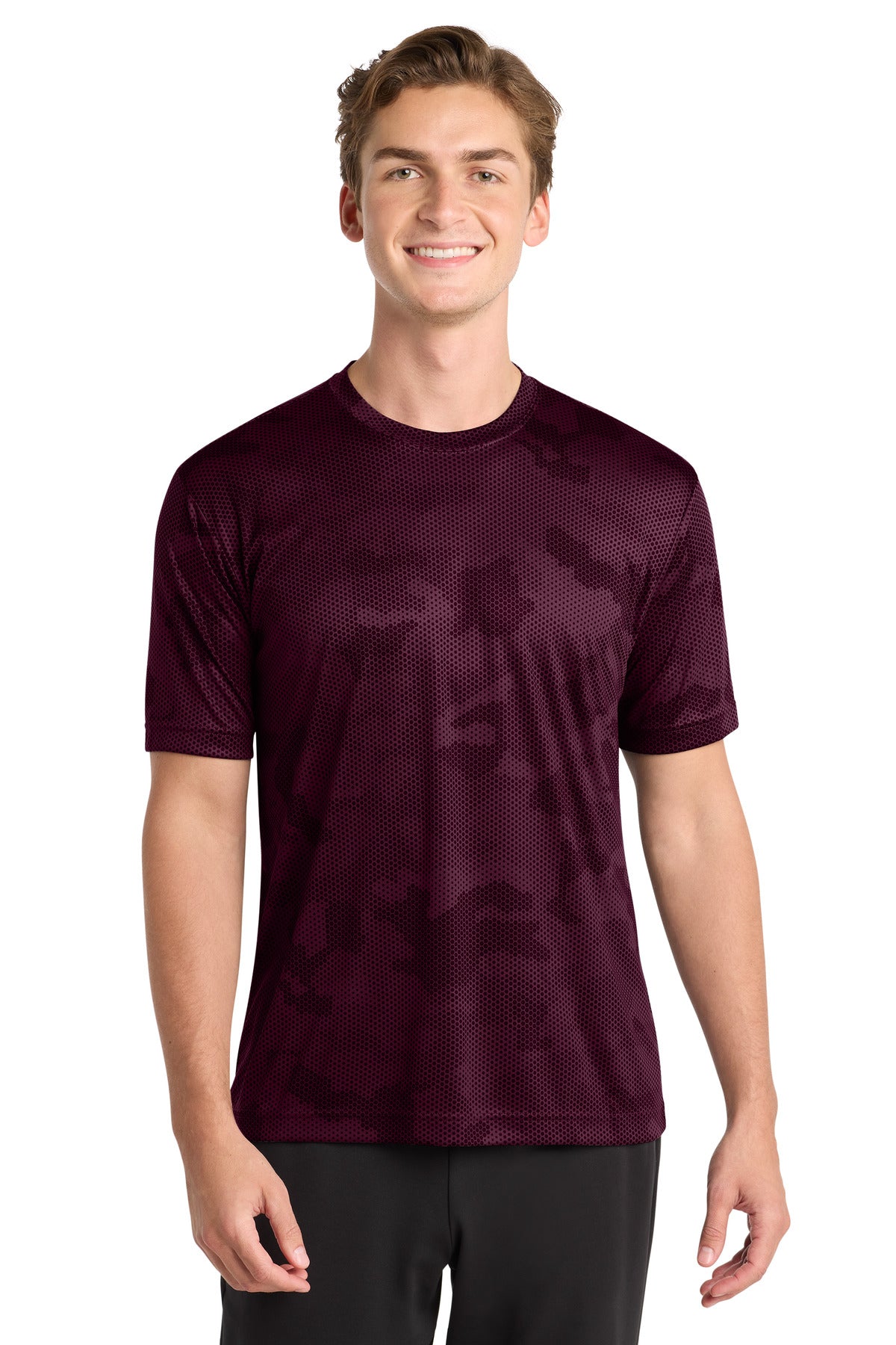 Front View of Maroon Sport-Tek CamoHex Tee. ST370 plain