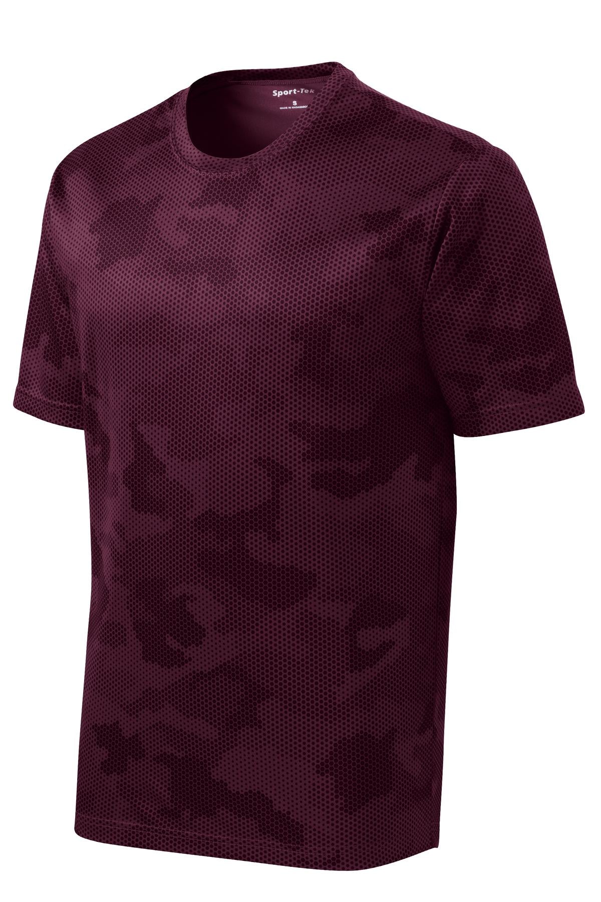 Front View of Maroon Sport-Tek CamoHex Tee. ST370 plain