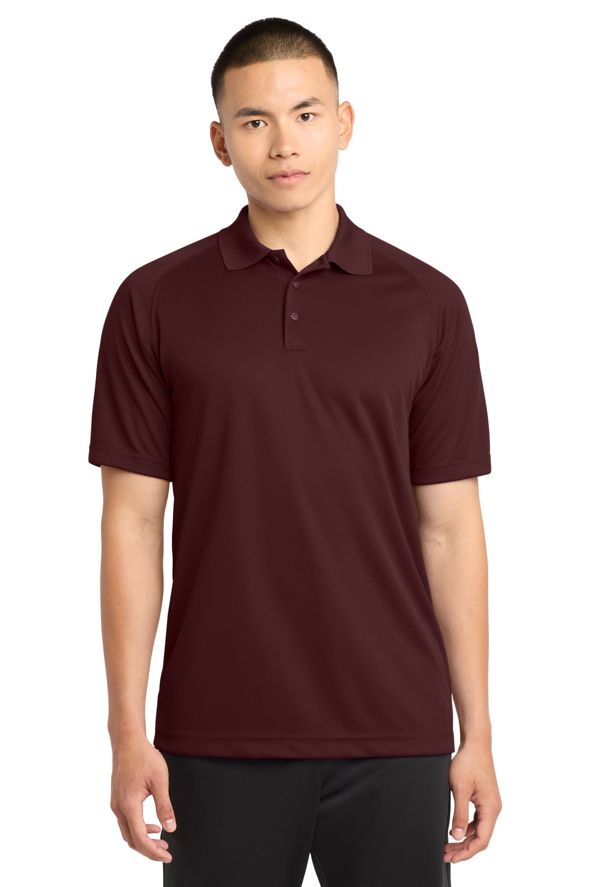 Front View of Maroon Sport-Tek Dry Zone Raglan Polo. T475 plain