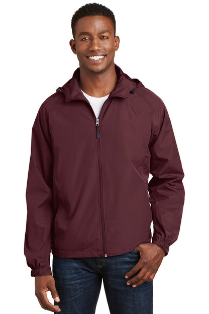 Front View of Maroon Sport-Tek Hooded Raglan Jacket. JST73 plain