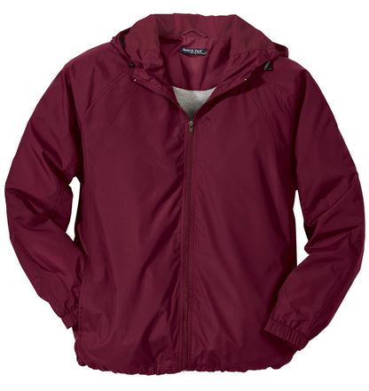 Front View of Maroon Sport-Tek Hooded Raglan Jacket. JST73 plain