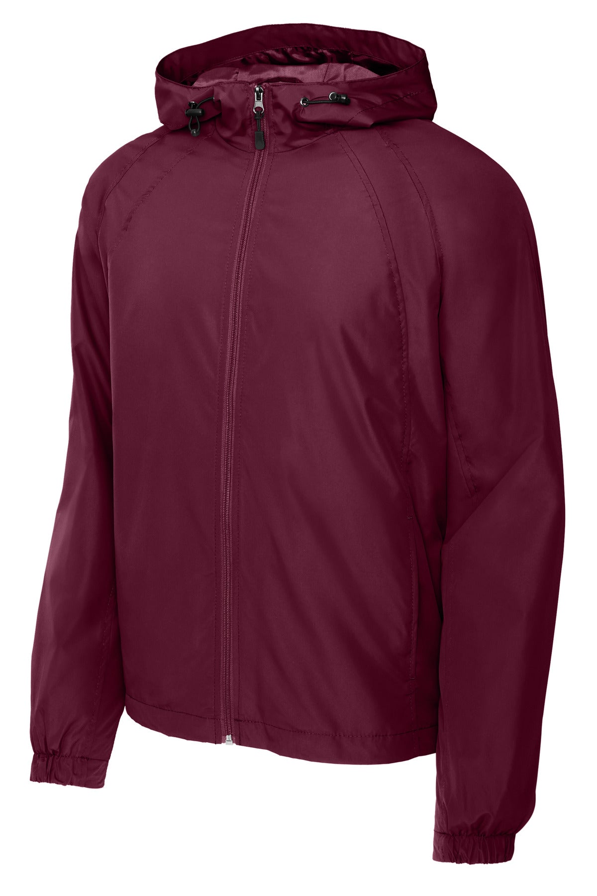 Front View of Maroon Sport-Tek Hooded Raglan Jacket. JST73 plain