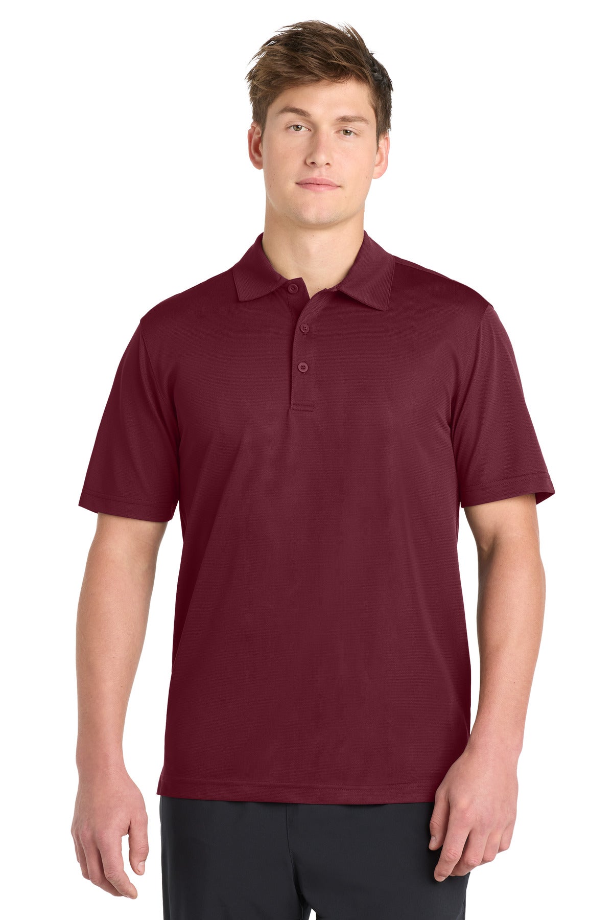 Front View of Maroon Sport-Tek PosiCharge Active Textured Polo. ST690 plain