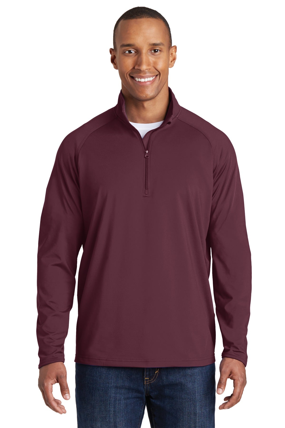 Front View of Maroon Sport-Tek Sport-Wick Stretch 1/4-Zip Pullover. ST850 plain