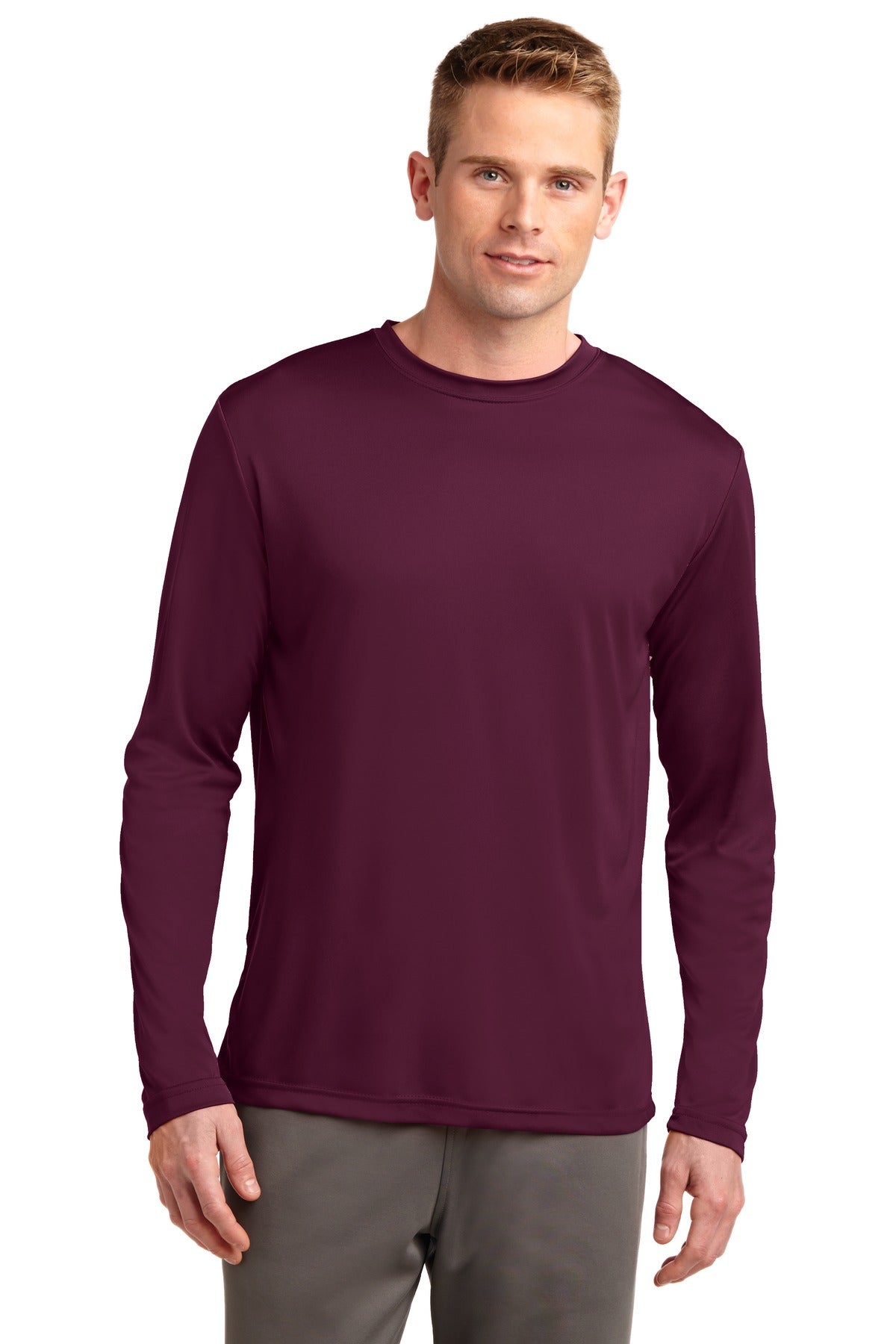 Front View of Maroon Sport-Tek Tall Long Sleeve PosiCharge Competitor Tee. TST350LS plain