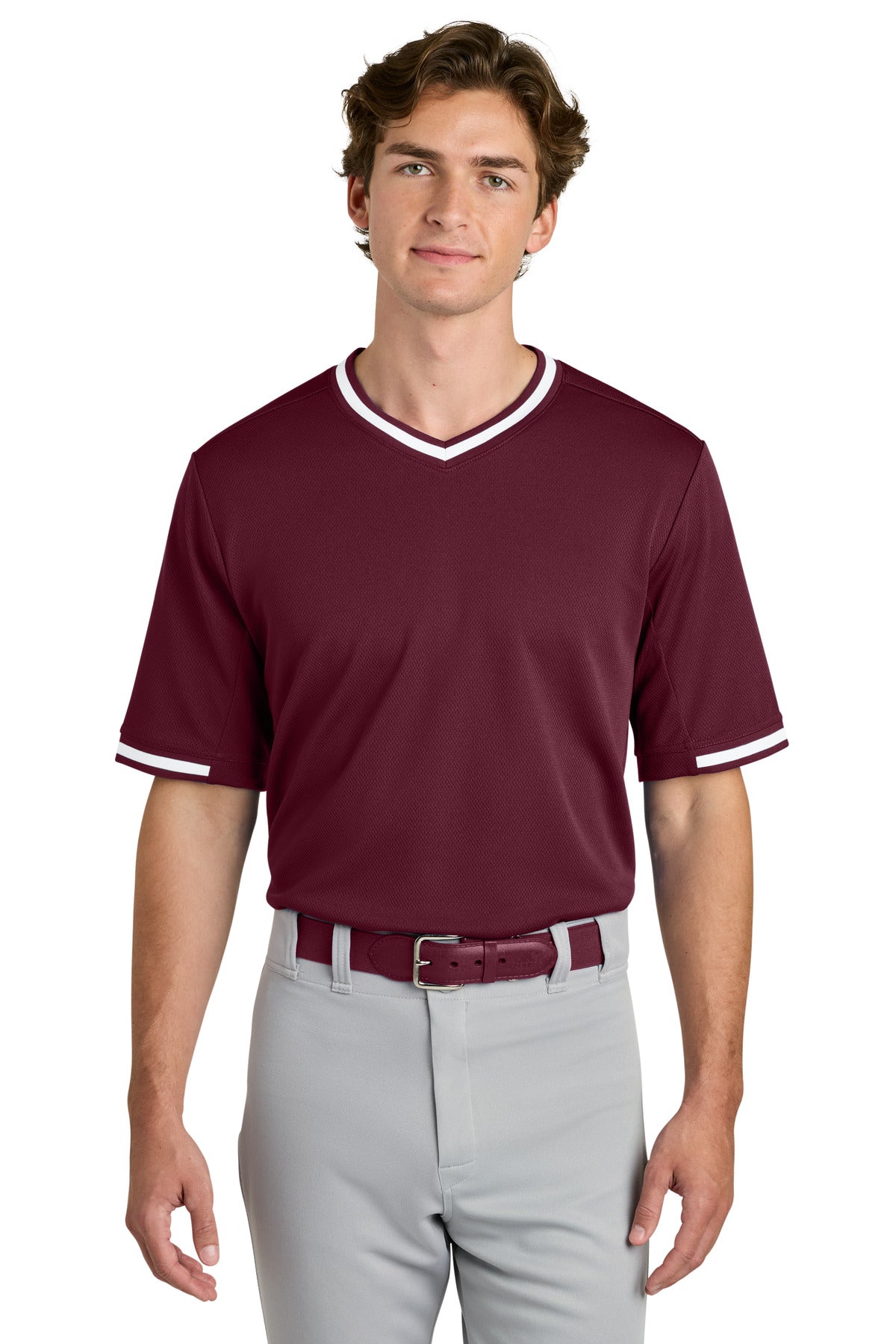 Front View of Maroon Sport-Tek Tough Mesh V-Neck Baseball Jersey ST221 plain