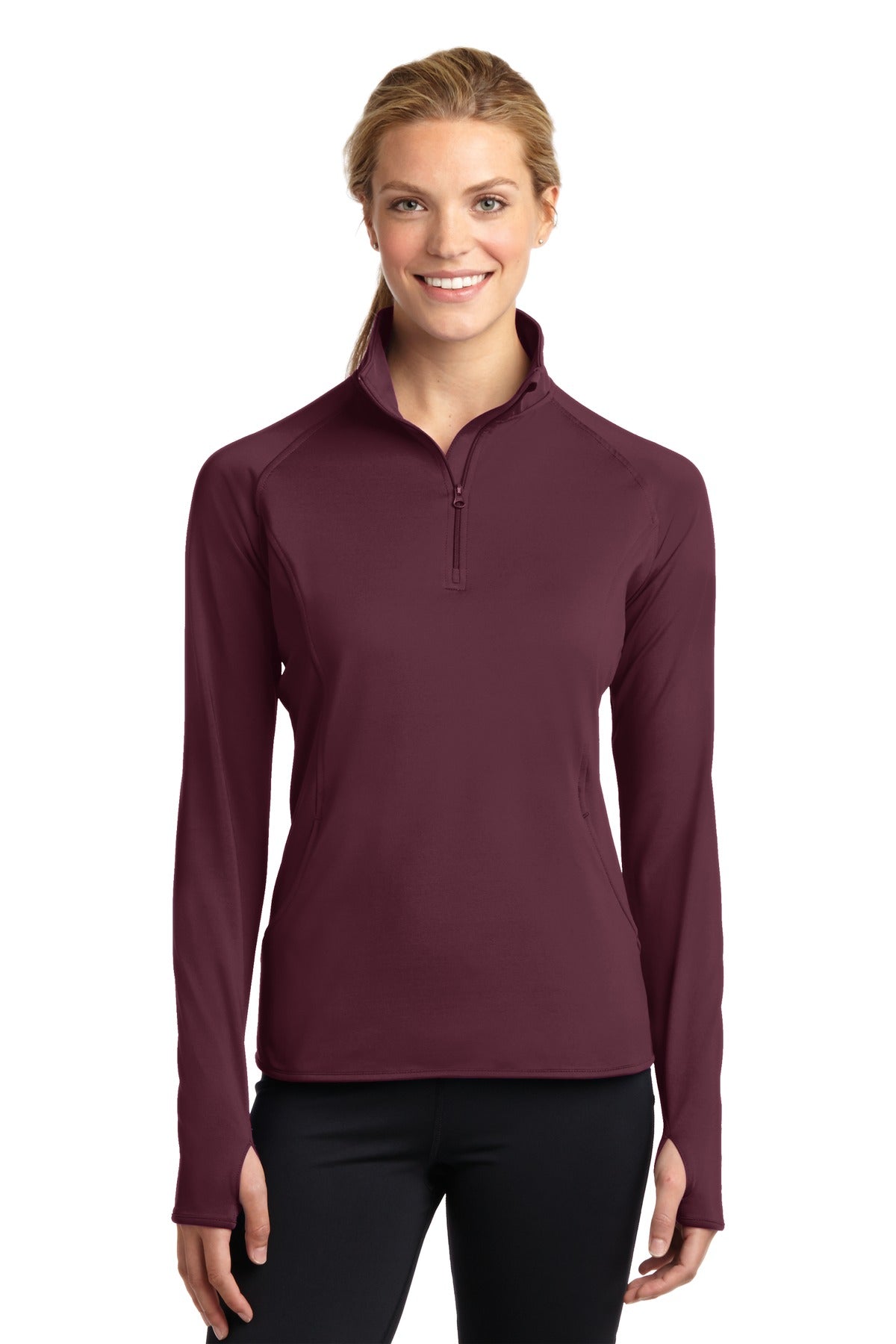 Front View of Maroon Sport-Tek Women's Sport-Wick Stretch 1/4-Zip Pullover. LST850 plain