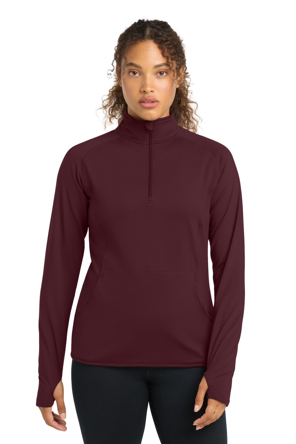 Front View of Maroon Sport-Tek Women's Sport-Wick Stretch 1/4-Zip Pullover. LST850 plain