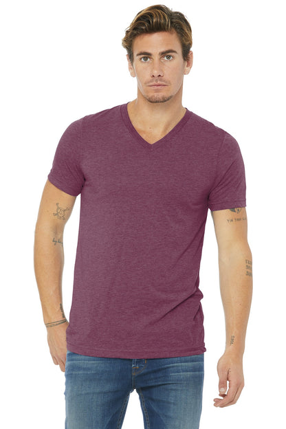 Front View of Maroon TB BELLA+CANVAS Unisex Triblend Short Sleeve V-Neck Te. BC3415 plain