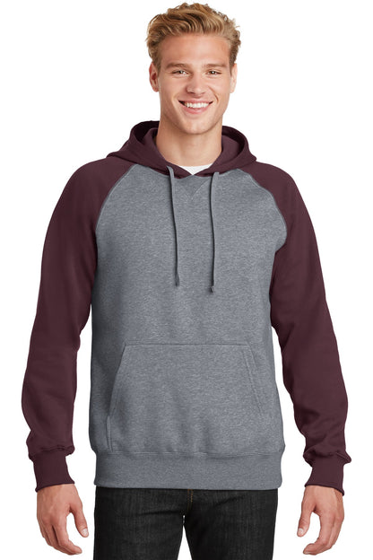 Front View of Maroon/Vnt He Sport-Tek Raglan Colorblock Pullover Hooded Sweatshirt. ST267 plain