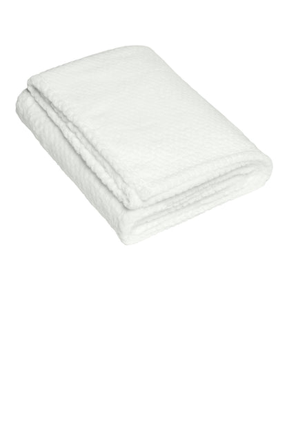 Front View of Marshmallow Port Authority Plush Texture Blanket. BP35 plain