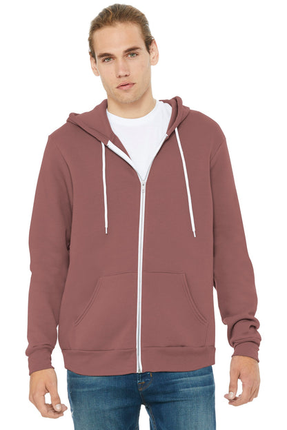 Front View of Mauve BELLA+CANVAS Unisex Sponge Fleece Full-Zip Hoodie. BC3739 plain