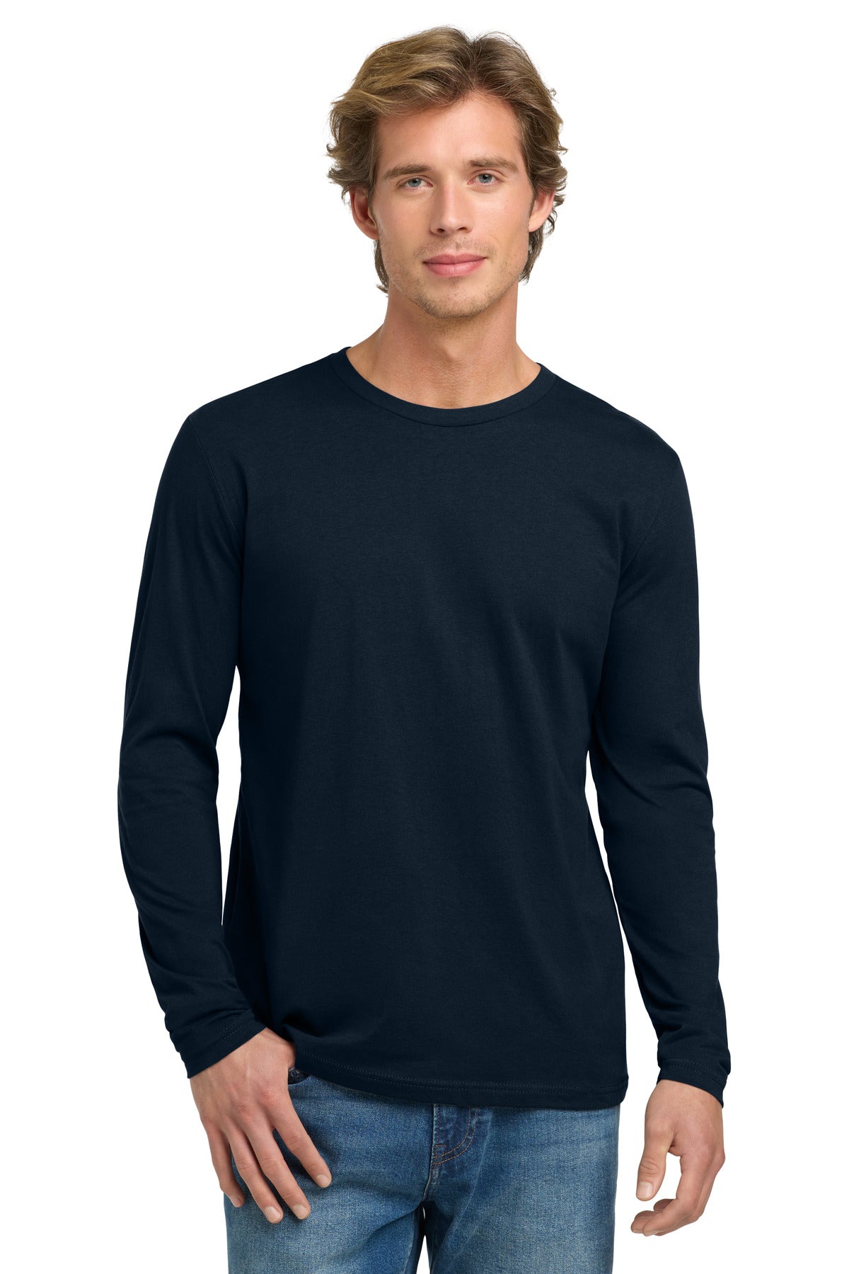 Front View of MdntNavy Next Level Apparel Cotton Long Sleeve Tee. NL3601 plain