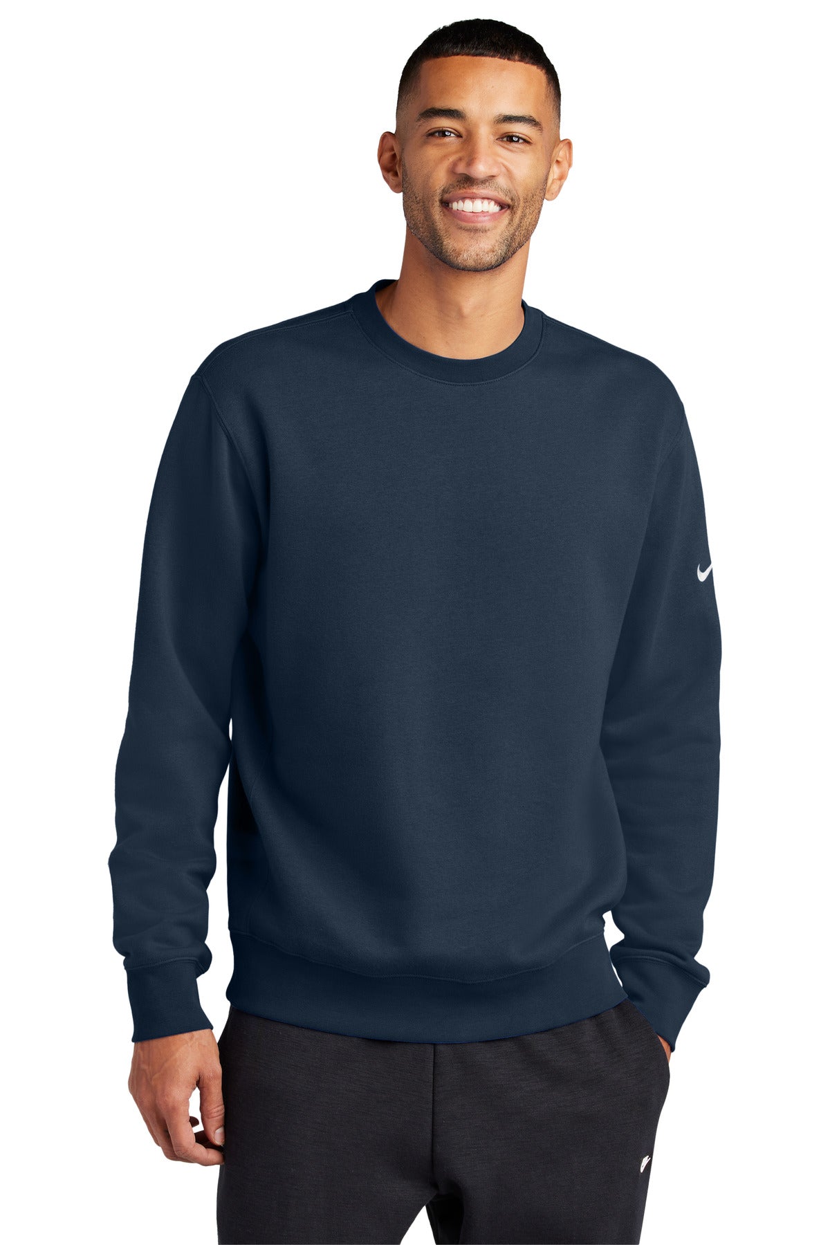 Front View of MdntNavy Nike Club Fleece Sleeve Swoosh Crew NKFD9863 plain