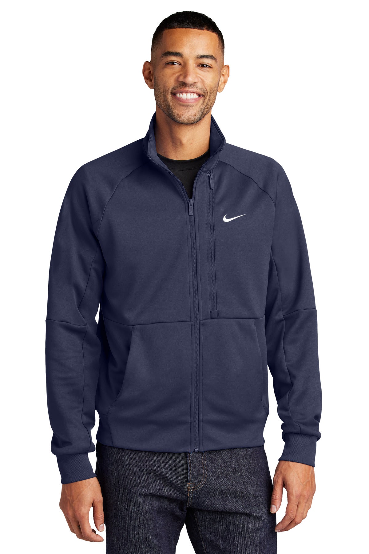 Front View of MdntNavy Nike Full-Zip Chest Swoosh Jacket NKFD9891 plain