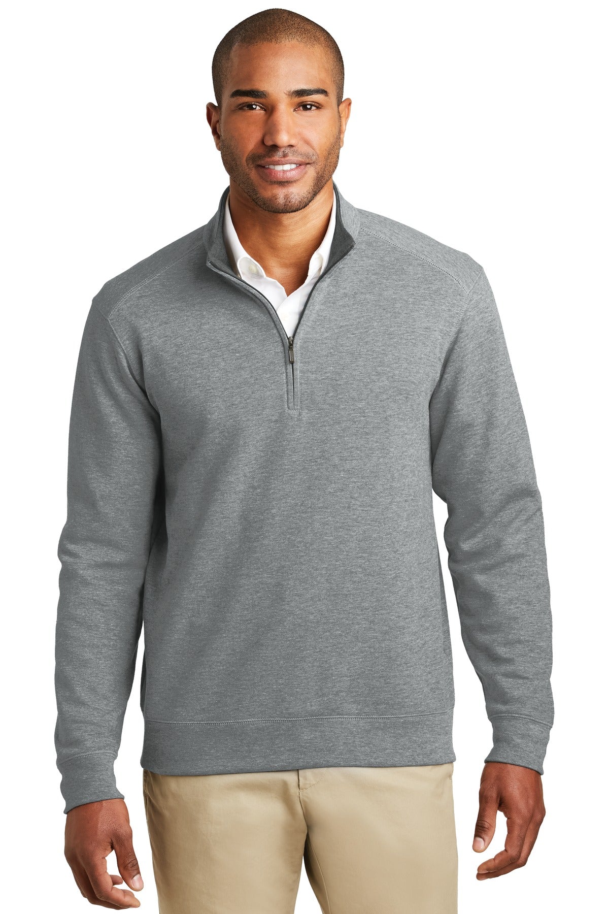 Front View of Med He Gy/ChHe Port Authority Interlock 1/4-Zip. K807 plain