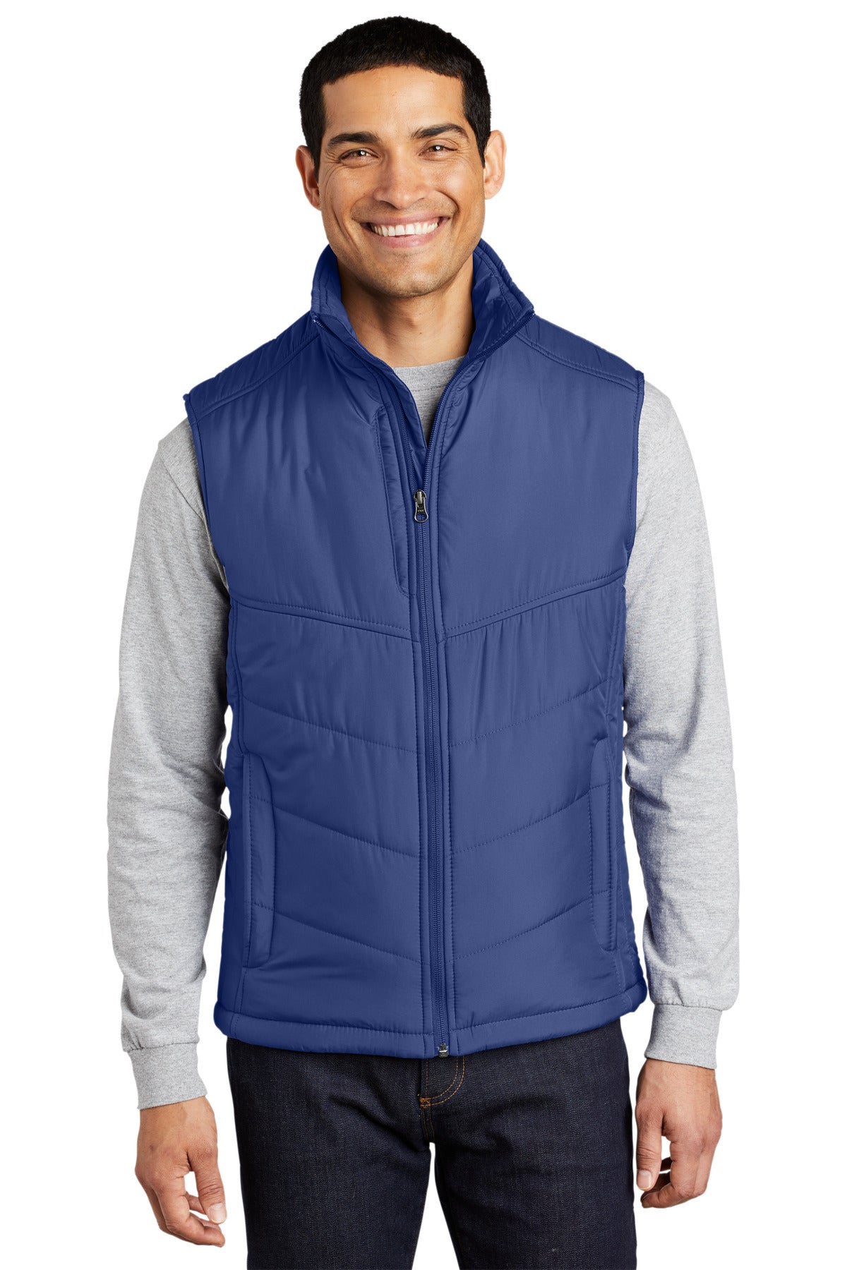 Front View of Medit Blue Port Authority Puffy Vest. J709 plain