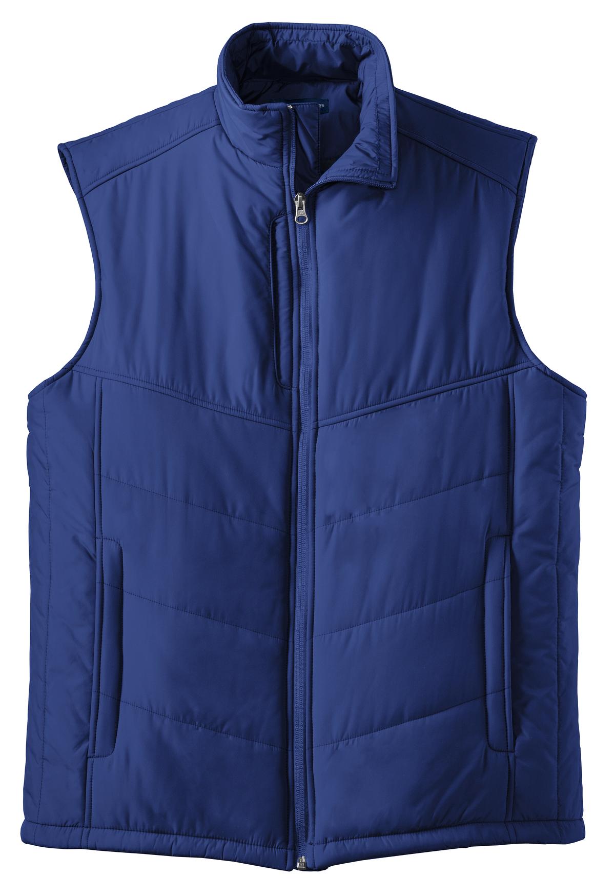 Front View of Medit Blue Port Authority Puffy Vest. J709 plain