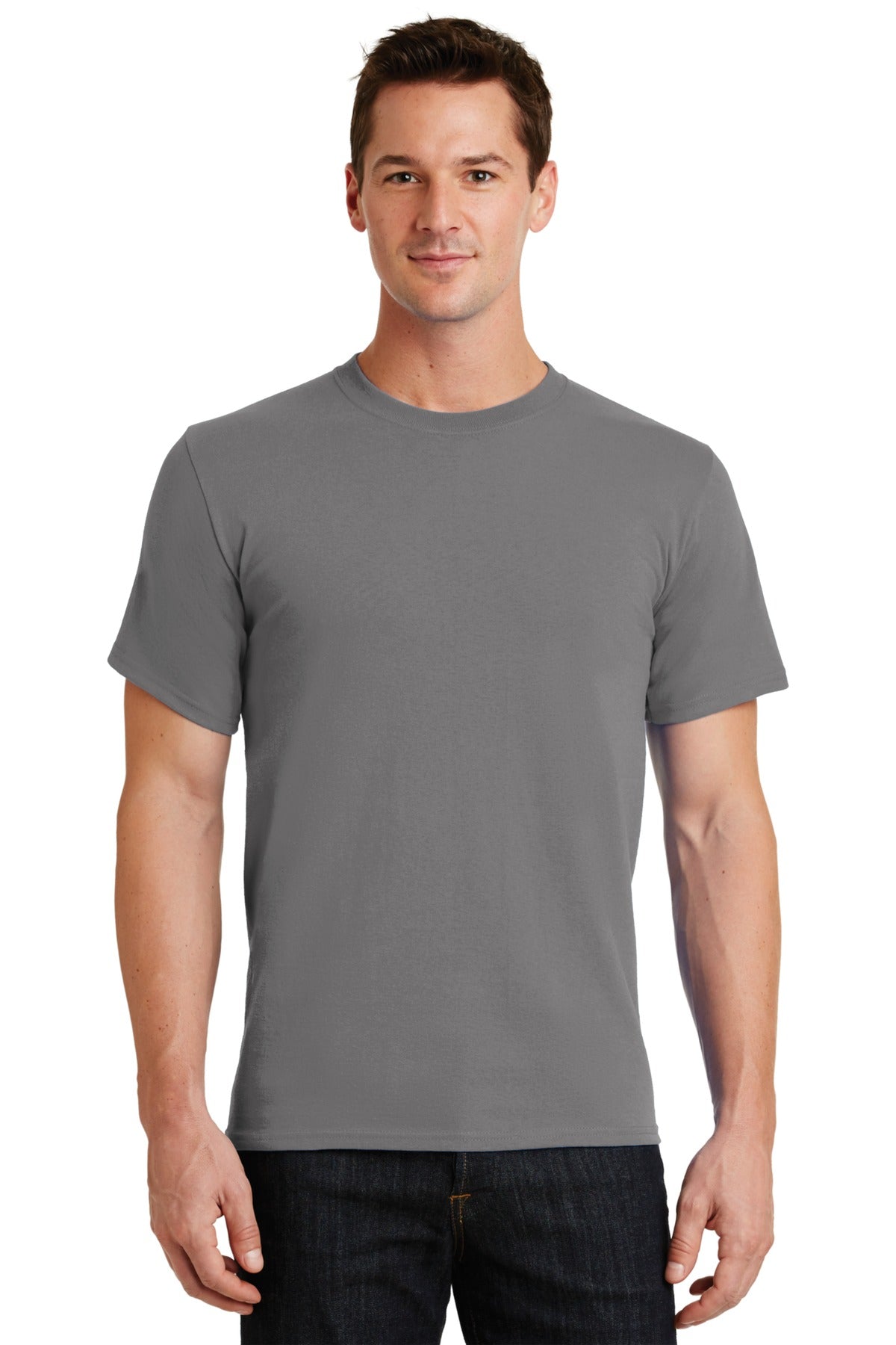 Front View of Medium Gray Port & Co Essential Tee. PC61 plain
