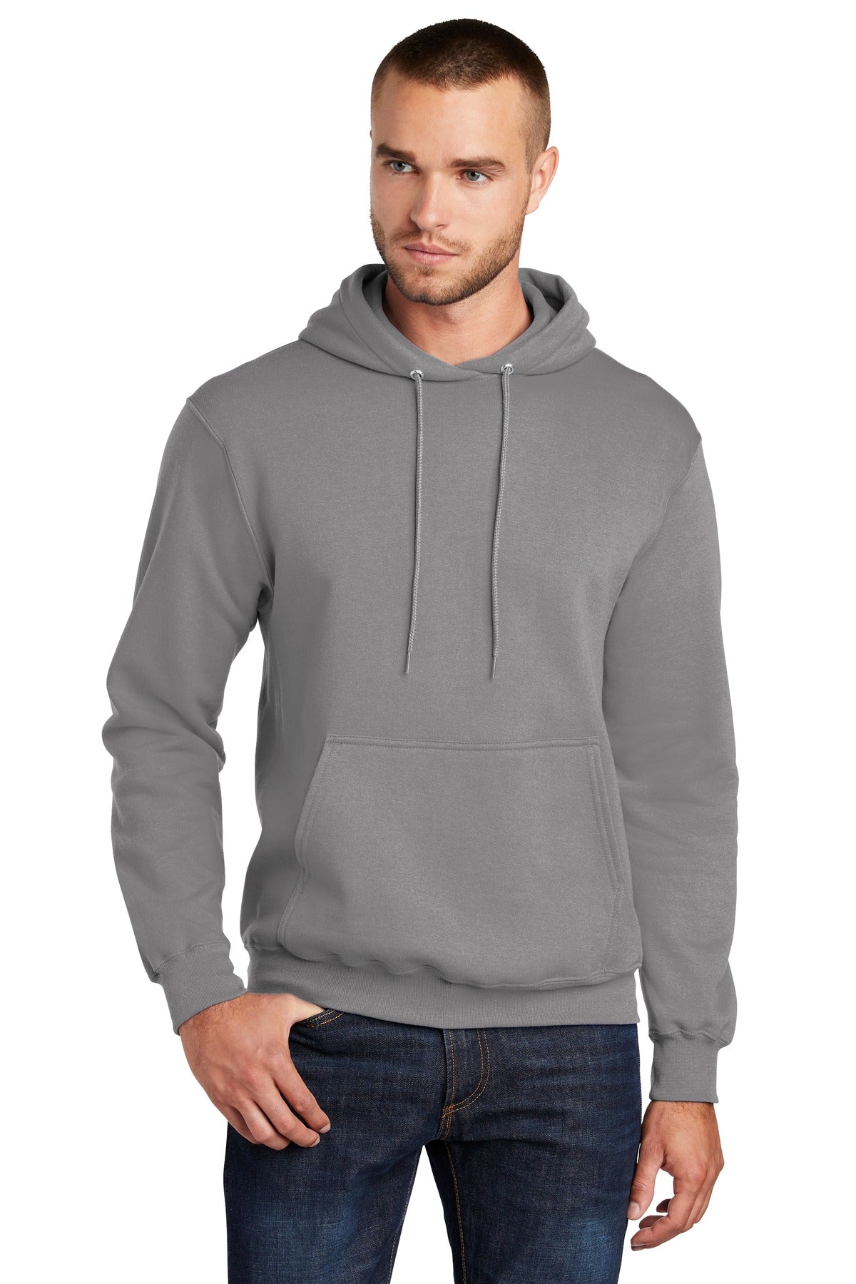Front View of Medium Grey Port & Co Core Fleece Pullover Hooded Sweatshirt. PC78H plain