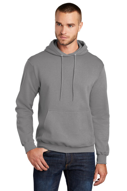 Front View of Medium Grey Port & Co Core Fleece Pullover Hooded Sweatshirt. PC78H plain