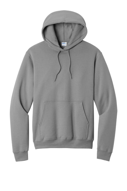 Front View of Medium Grey Port & Co Core Fleece Pullover Hooded Sweatshirt. PC78H plain