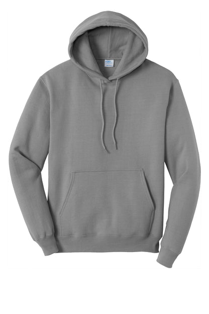 Front View of Medium Grey Port & Co Core Fleece Pullover Hooded Sweatshirt. PC78H