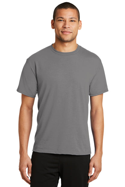 Front View of Medium Grey Port & Co Performance Blend Tee. PC381 plain