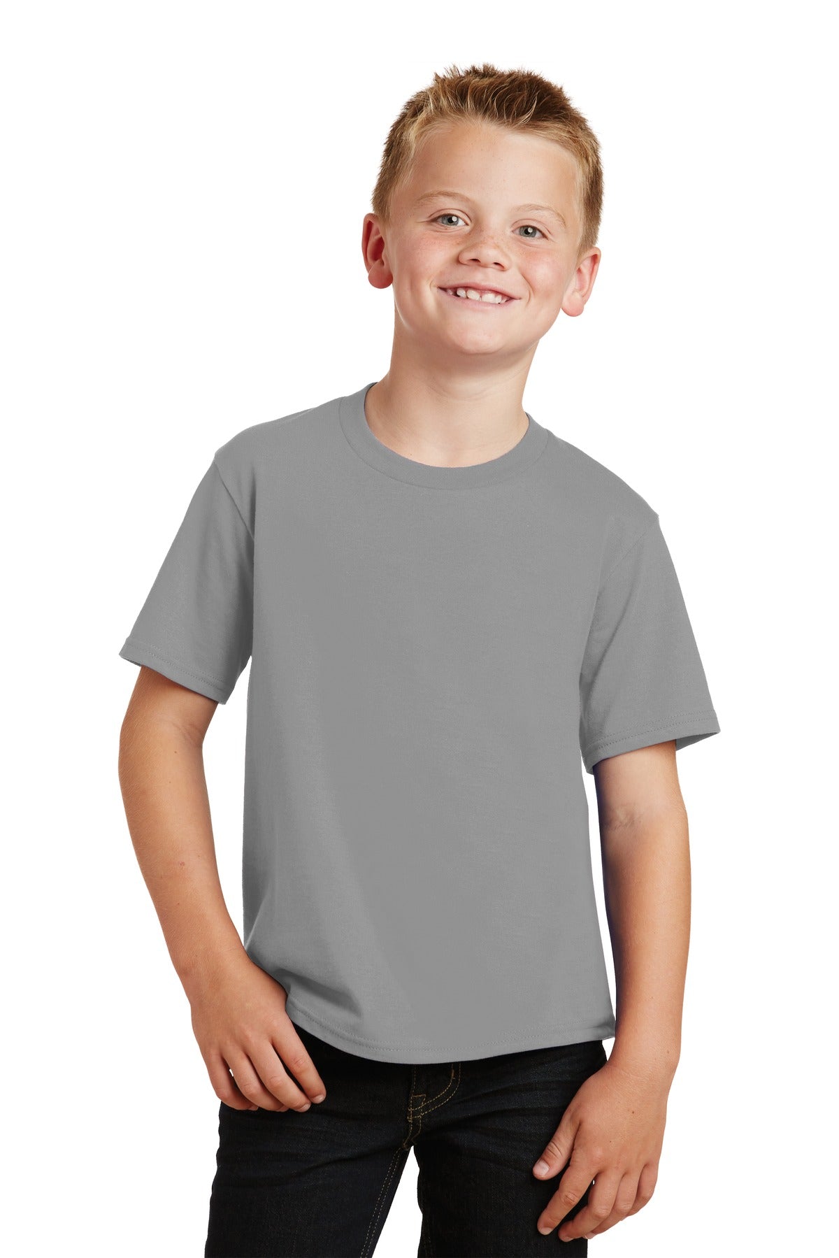 Front View of Medium Grey Port & Co Youth Fan Favorite Tee. PC450Y plain