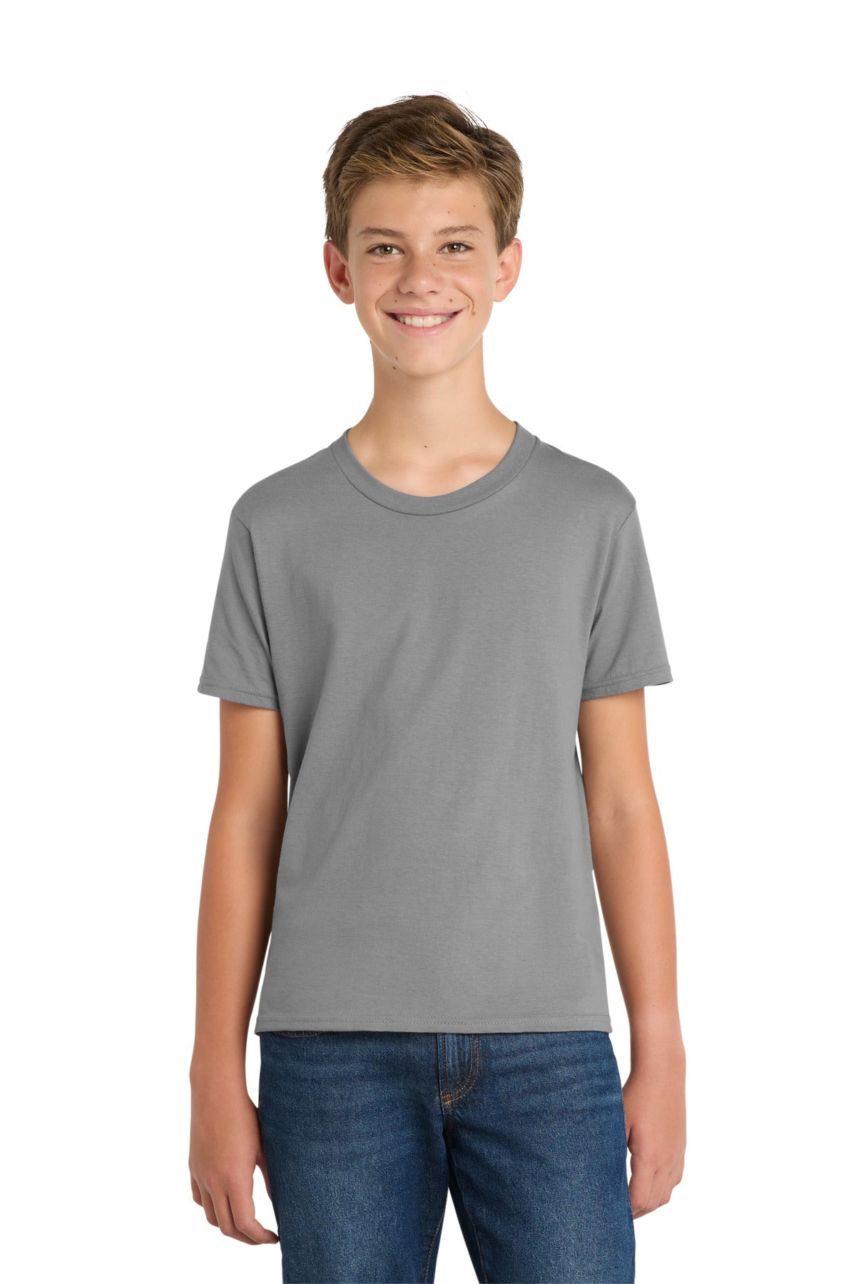 Front View of Medium Grey Port & Co Youth Fan Favorite Tee. PC450Y plain