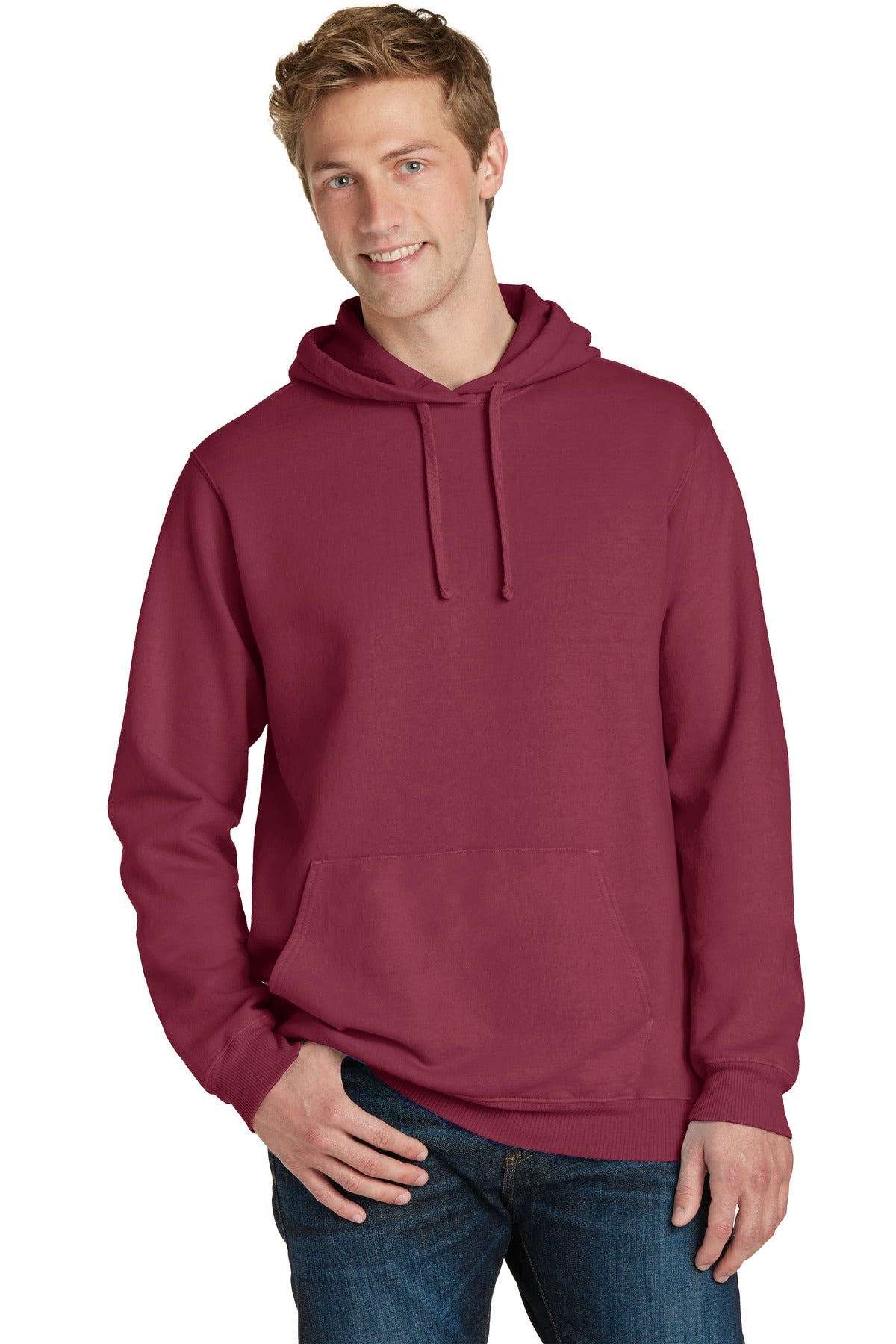Front View of Merlot Port & Co Beach Wash Garment-Dyed Pullover Hooded Sweatshirt. PC098H plain