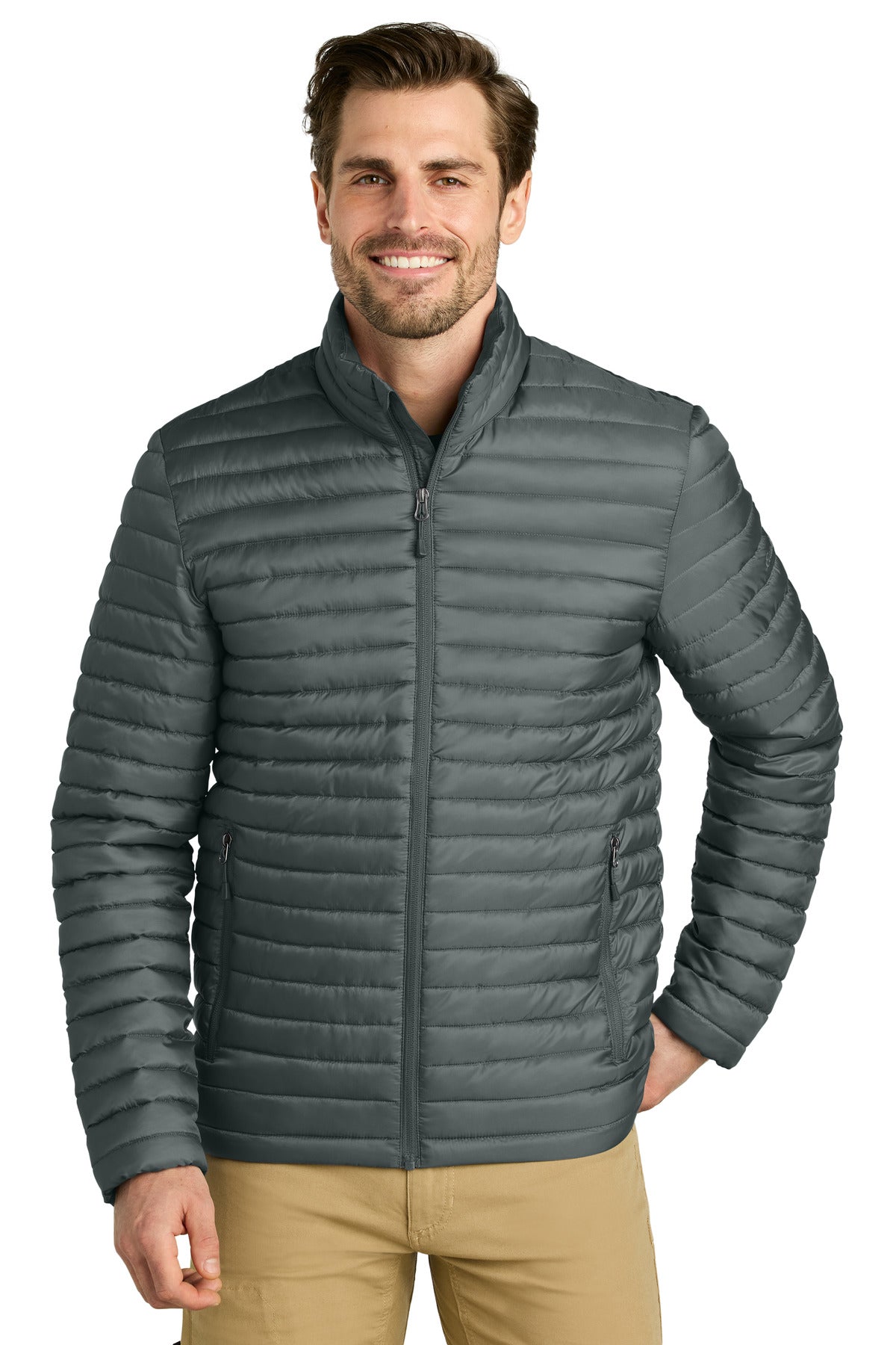 Front View of MetalGrey Eddie Bauer Packable Quilted Full-Zip EB514 plain