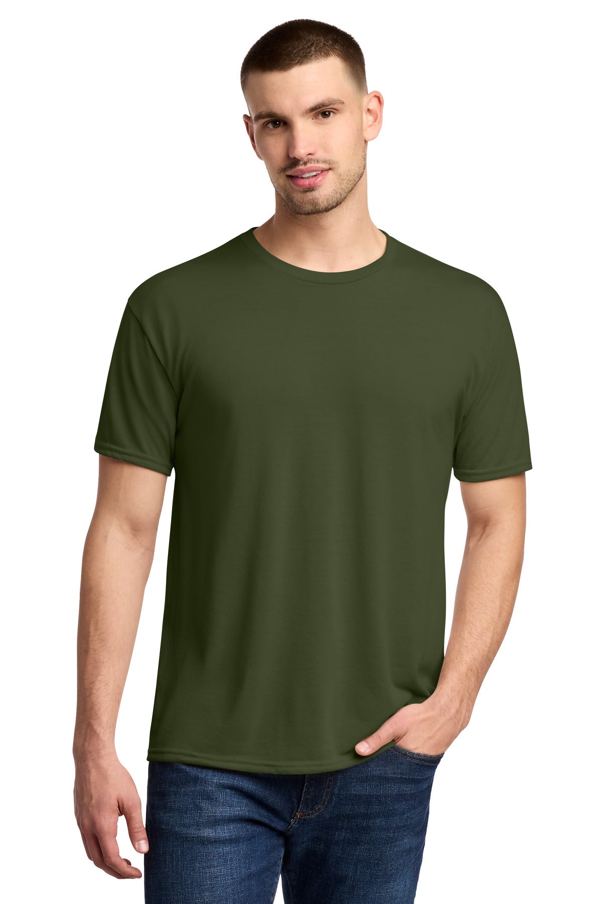 Front View of MilGreen Jerzees Dri-Power 100% Polyester T-Shirt. 21M plain
