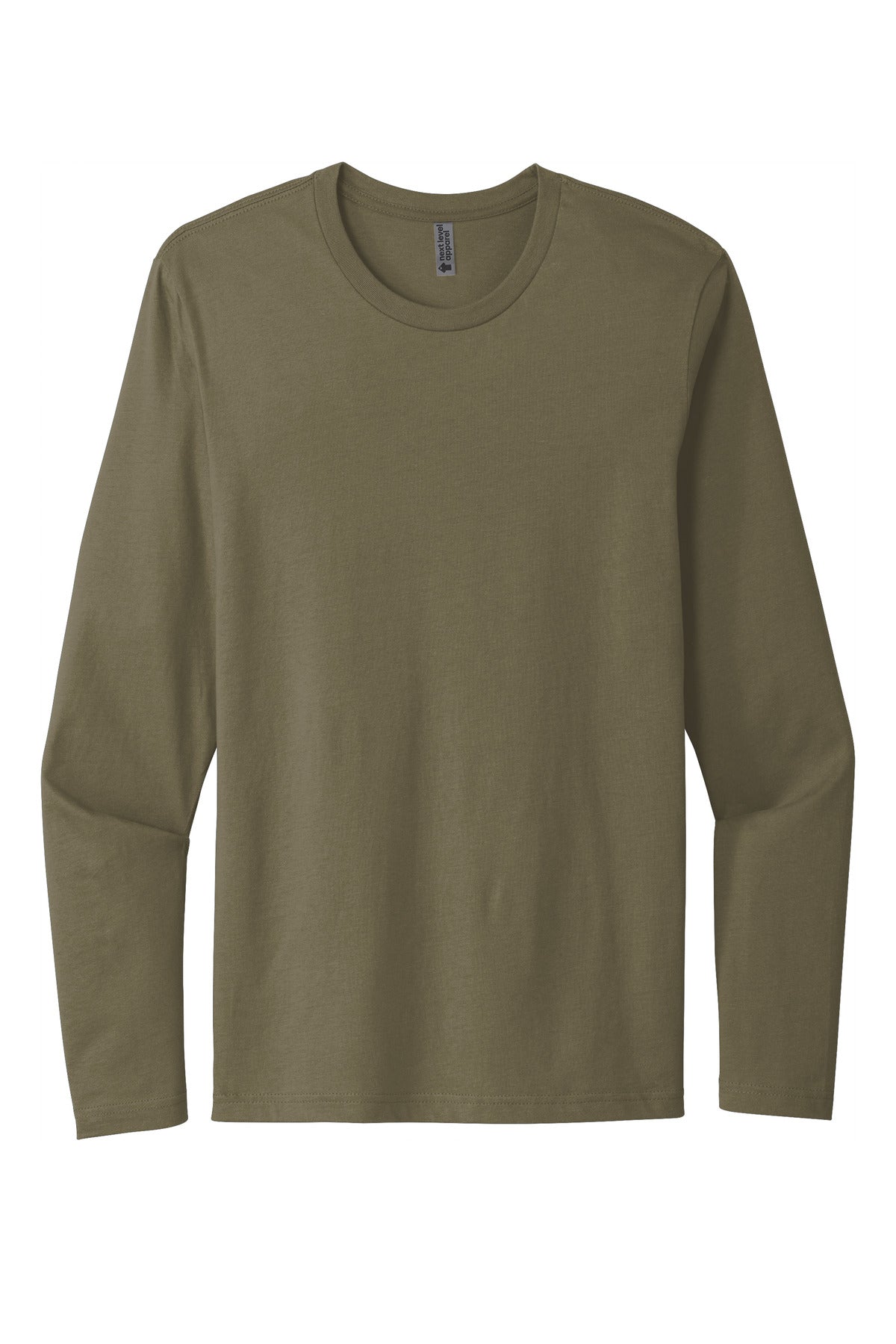 Front View of MilGreen Next Level Apparel Cotton Long Sleeve Tee. NL3601 plain