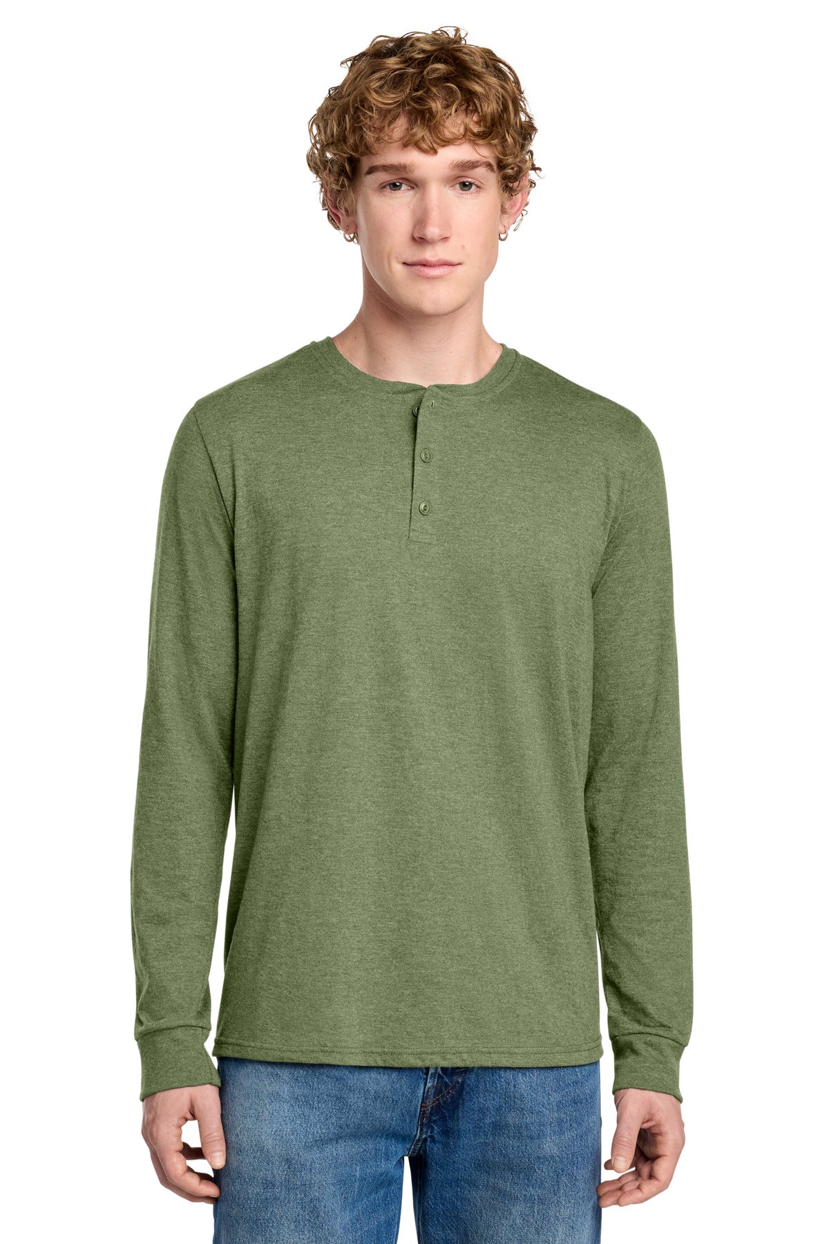 Front View of MilGrnFst District Perfect Tri Long Sleeve Henley DT145 plain