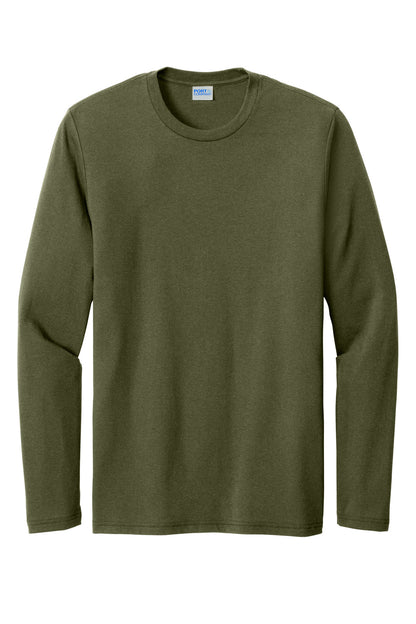 Front View of MilGrnHtr Port & Co Tri-Blend Long Sleeve Tee. PC330LS plain