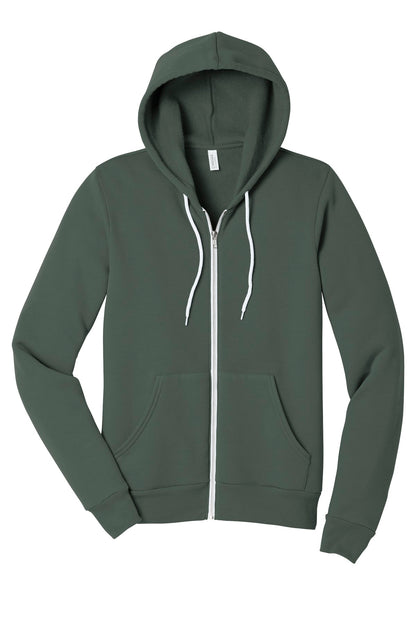 Front View of Military Green BELLA+CANVAS Unisex Sponge Fleece Full-Zip Hoodie. BC3739 plain