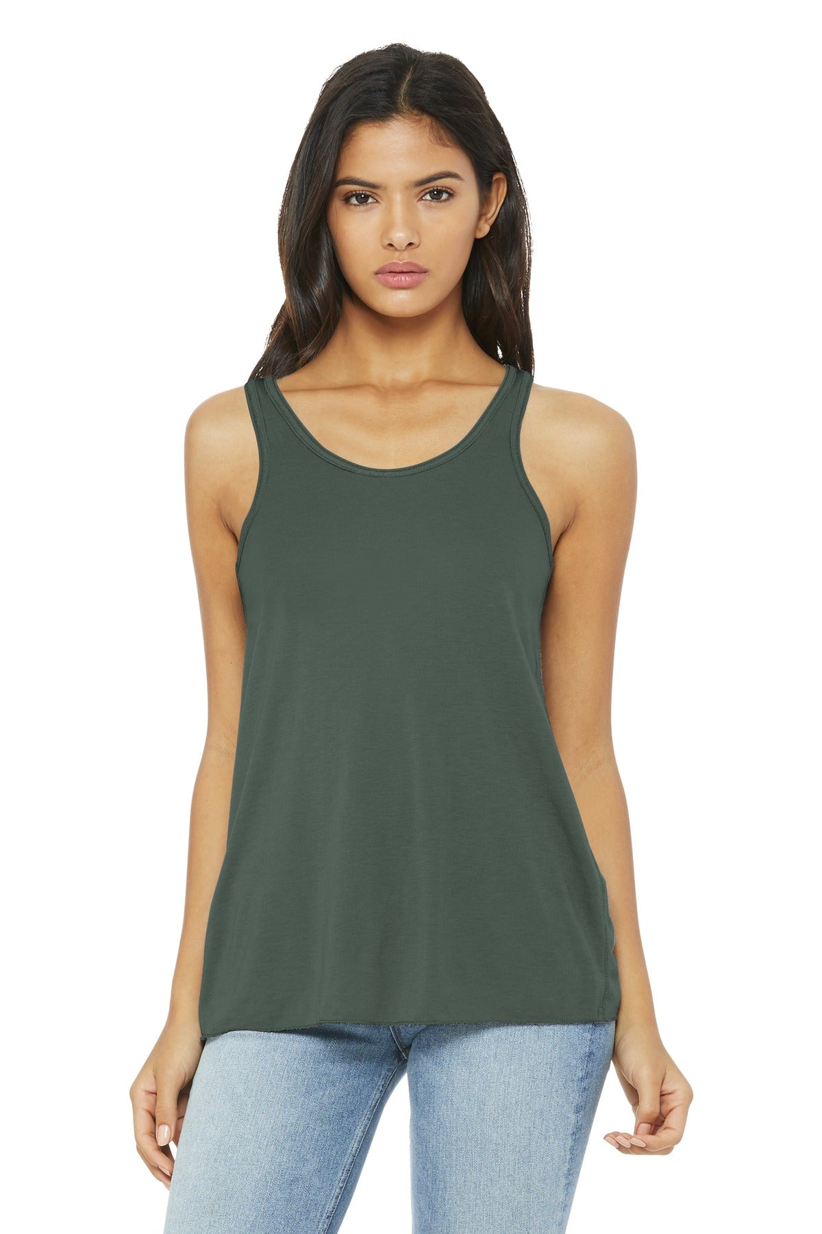 Front View of Military Green BELLA+CANVAS Women's Flowy Racerback Tank. BC8800 plain