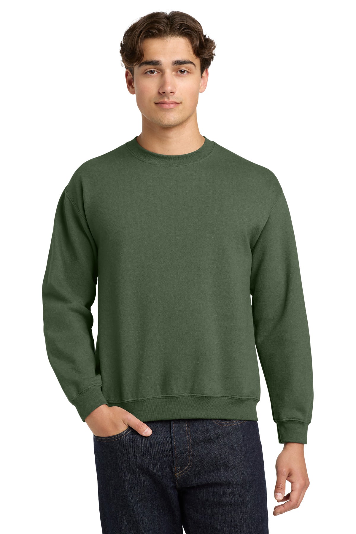 Front View of Military Green Gildan Heavy Blend Crewneck Sweatshirt. 18000 plain