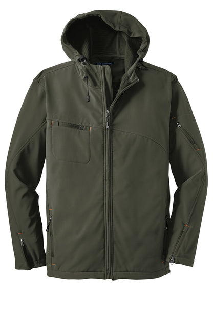 Front View of Mineral Green Port Authority Textured Hooded Soft Shell Jacket. J706 plain