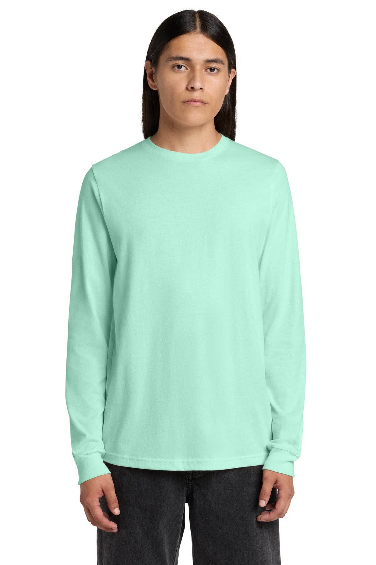 Front View of Mint BELLA+CANVAS Unisex Jersey Long Sleeve Tee. BC3501 plain