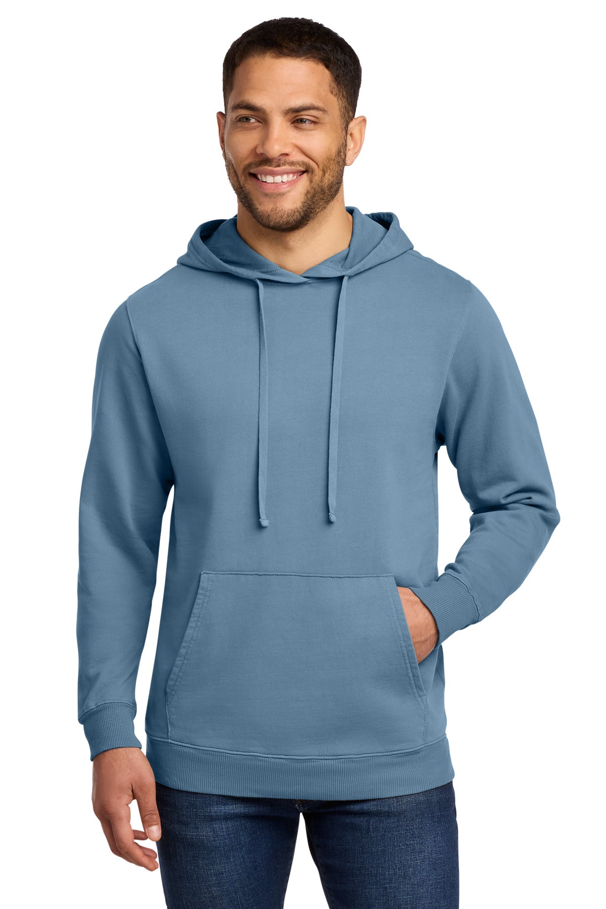 Front View of Mist Port & Co Beach Wash Garment-Dyed Pullover Hooded Sweatshirt. PC098H plain